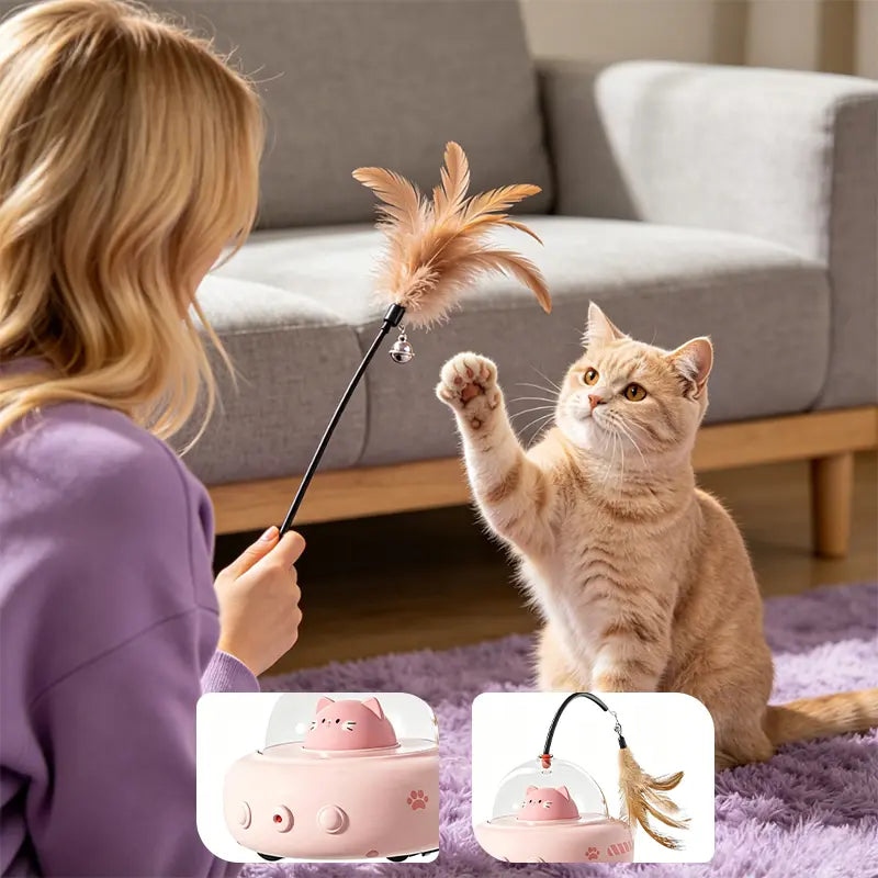 Interactive 2-in-1 Smart Laser and Feather Wand Toy for Cats - Automatic Rotating Electric Pet Toy for Indoor Engagement and Durability