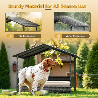 Warcat Elevated Wicker Dog House - Indoor/Outdoor Shelter with Cushion for Deck, Patio, and Yard
