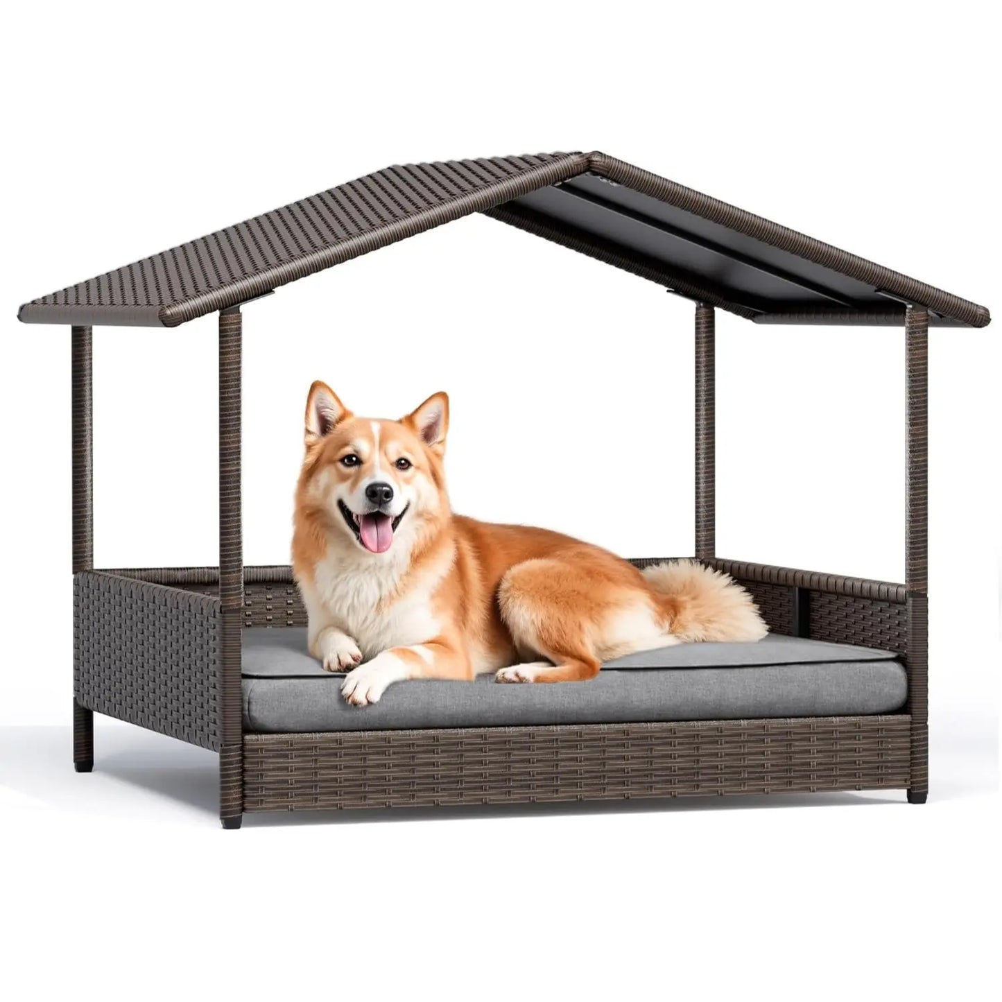 Warcat Elevated Wicker Dog House - Indoor/Outdoor Shelter with Cushion for Deck, Patio, and Yard