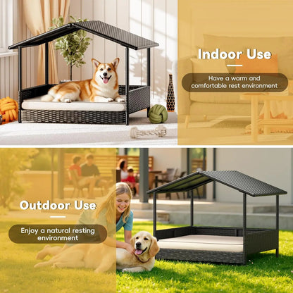 Warcat Elevated Wicker Dog House - Indoor/Outdoor Shelter with Cushion for Deck, Patio, and Yard