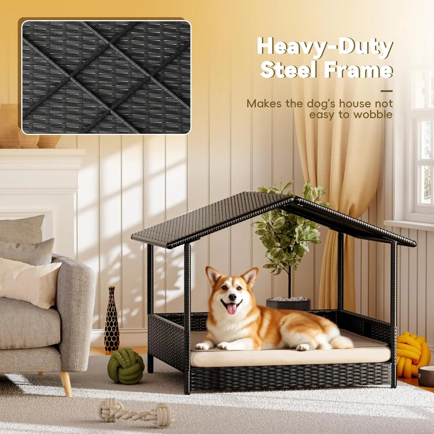 Warcat Elevated Wicker Dog House - Indoor/Outdoor Shelter with Cushion for Deck, Patio, and Yard