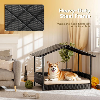 Warcat Elevated Wicker Dog House - Indoor/Outdoor Shelter with Cushion for Deck, Patio, and Yard