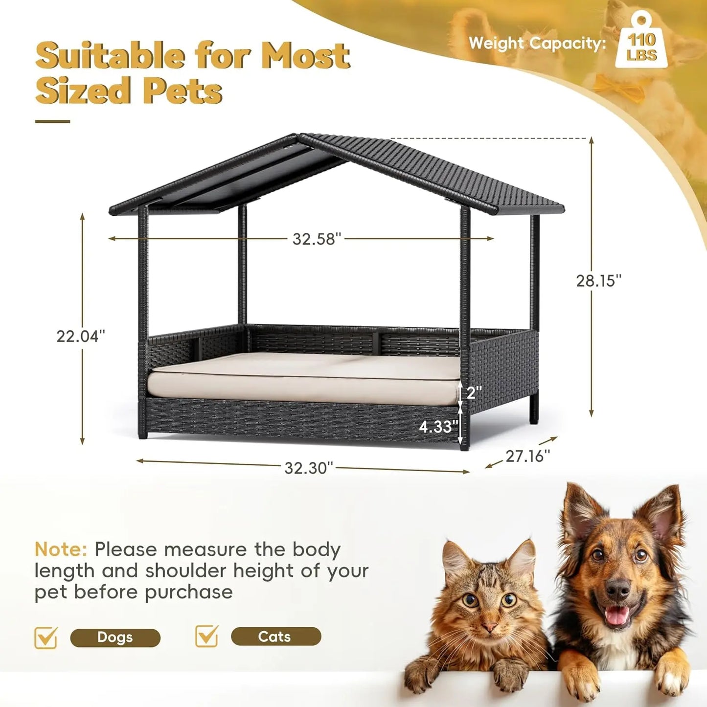Warcat Elevated Wicker Dog House - Indoor/Outdoor Shelter with Cushion for Deck, Patio, and Yard