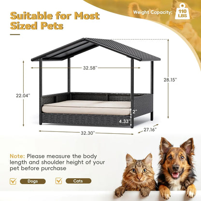 Warcat Elevated Wicker Dog House - Indoor/Outdoor Shelter with Cushion for Deck, Patio, and Yard