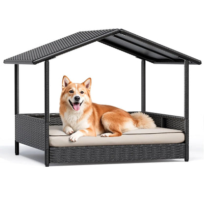 Warcat Elevated Wicker Dog House - Indoor/Outdoor Shelter with Cushion for Deck, Patio, and Yard